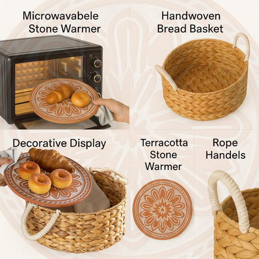 Vintiquewise Handwoven Wicker Bread Basket with Terracotta Stone Warmer & Rope Handles for Kitchen Dining Table & Home Party Use Ideal for Sourdough Bread Rolls Snacks & Baked Goods, Floral Design