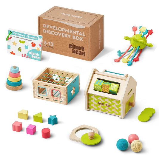 Giant bean Montessori Toys for Baby, 6-in-1 Wooden Early Education Learning Toys with Sensory Teething,Object Permanence Box,Shape Sorting Stacking Ring,Mirror Puzzle,Christmas Toy for Kid 1 2 3