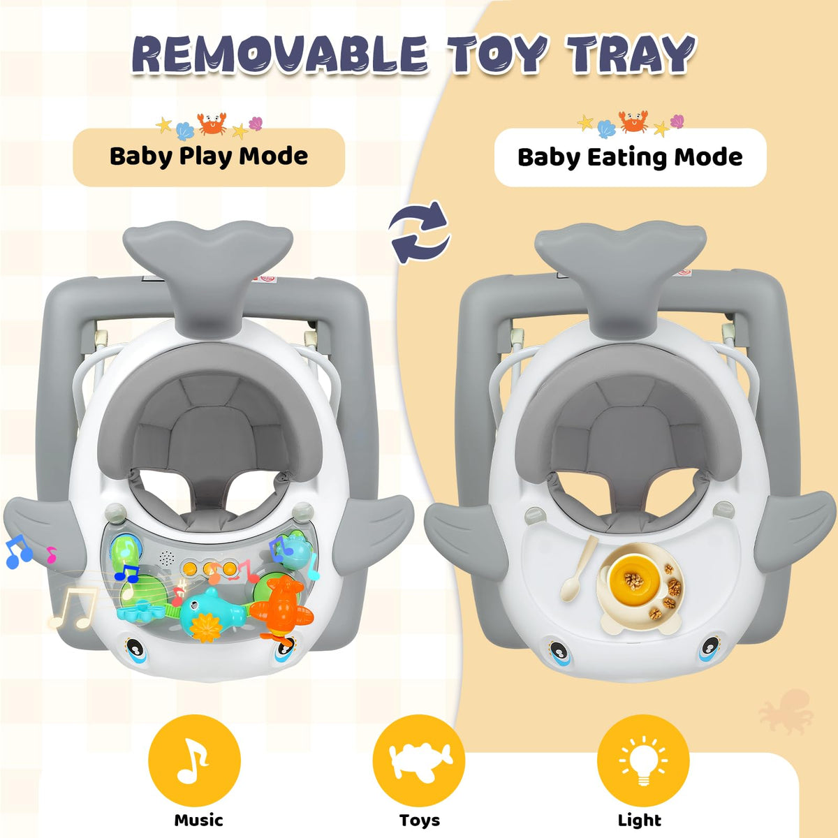 Baby Walker with Wheels, Music and Lights Foldable Baby Walker, 3 Adjustable Heights, Activity Walker for Baby Boy and Girl 6-18 Months, Gray