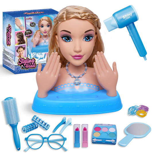 Blonde Hair Styling Doll Head 10.5” with Washable Makeup Set, 3-in-1 Styling Head Toy with 20+ Accessories, Pretend Hair Salon Playset for Girl, Birthday Gifts for Girls Ages 3 4 5 6 7 8+