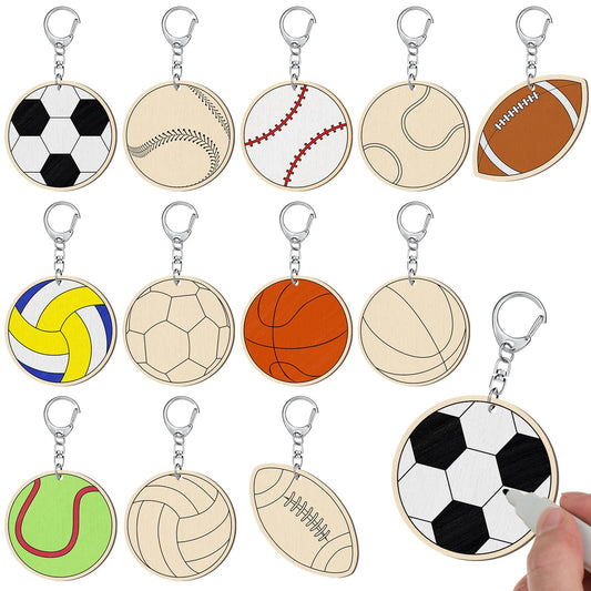 Trnayi 36 Pcs Color Your Own Sports Ball Keychains Crafts for Boys Girls Unfinished Wooden Football Basketball Soccer Crafts Blank Wood Painting DIY Crafts for Home Classroom Activities Project Decor