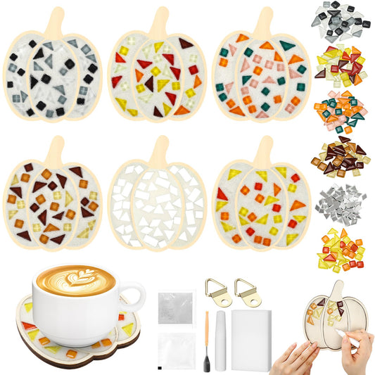 Honeydak 6 Sets DIY Glass Mosaic Tiles with 6 Wooden Coasters Making Mosaic Crafts Material Package Mixed Stained Glass for Handmade Colorful Home Decor Gift Indoor(Pumpkin,Warm Color)