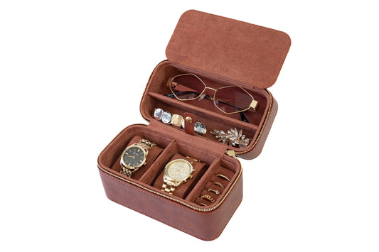 DIGICASE Watch and Jewelry Travel Case for Men & Women, Luxury PU Leather Organizer for 2 Watches, Rings, Earrings & Sunglasses - Black - Zippered Compact Travel Storage Jewelry Holder Gift (BROWN)