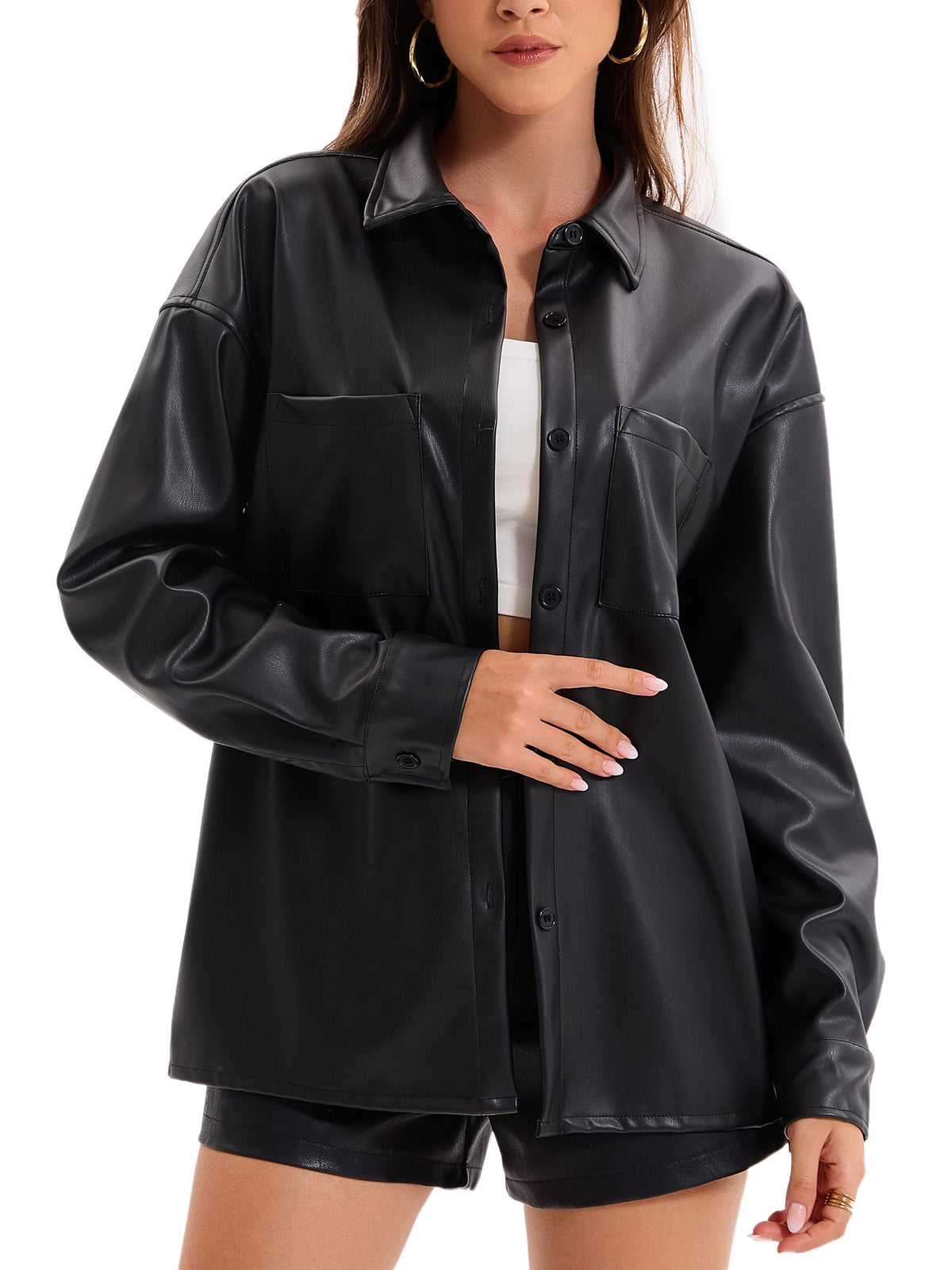 Haianguoji Women's Faux Leather Button-Down Shirt Jacket Lightweight Long Sleeve PU Blouse Shacket Tops (Black, XS)