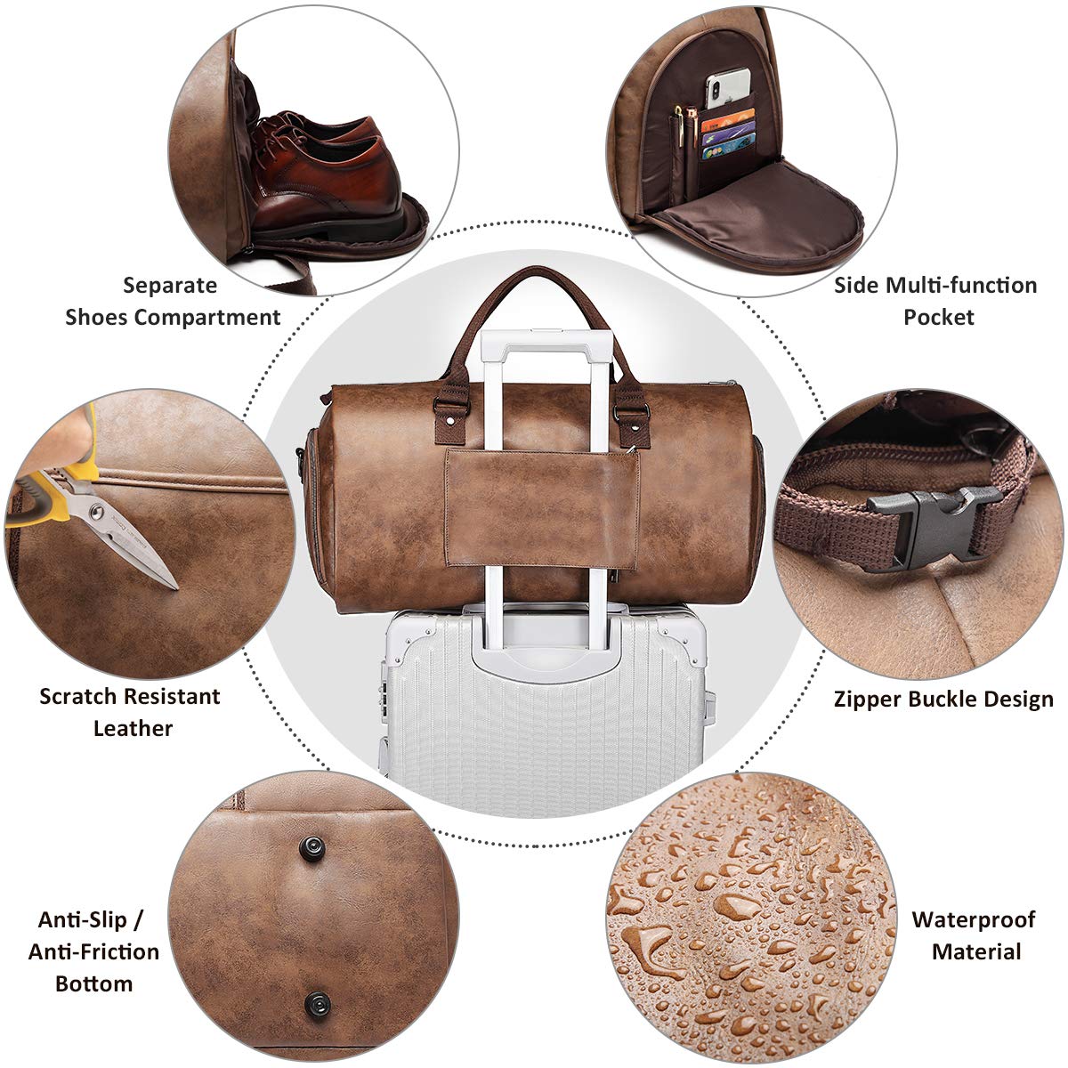 BOLOSTA Carry on Garment Bags for Travel Leather Garment Duffle Bag Convertible Mens Suit Travel Bags with Shoe Compartment,Waterproof,Perfect for Business Travel/Husband Gifts (Brown)