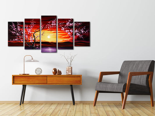 Wieco Art 5 Piece Plum Tree Blossom Canvas Prints Wall Art Abstract Floral Pictures Paintings Decor for Home Decorations Modern Stretched and Framed Contemporary Giclee Red Flowers Artwork