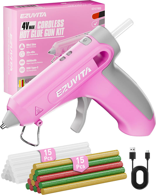 EZUVITA 4V Pink Cordless Hot Glue Gun Kit with 30 Multi-Color Glue Gun Sticks, USB-C Rechargeable with 2600mAh Built-in Battery, Less-Drip Hot Melt Glue Gun for DIY, Crafting, Art, Mothers Day Gift