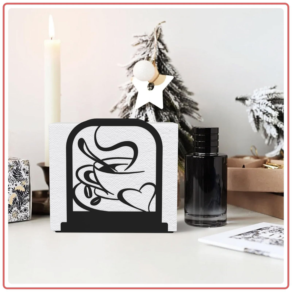 Modern Standing Napkin Holder for table, Black Metal Napkin Dispenser, Coffee time Theme Style Napkin Holder, Suitable for Kitchen, Coffee Shop, Dining Room