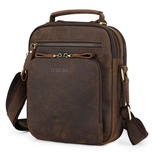 BAIGIO Genuine Leather Small Messenger Bag for Men Crossbody Shoulder Bag for Ipad Small Handbag Vintage Man Purse Daily Business(Dark Brown)
