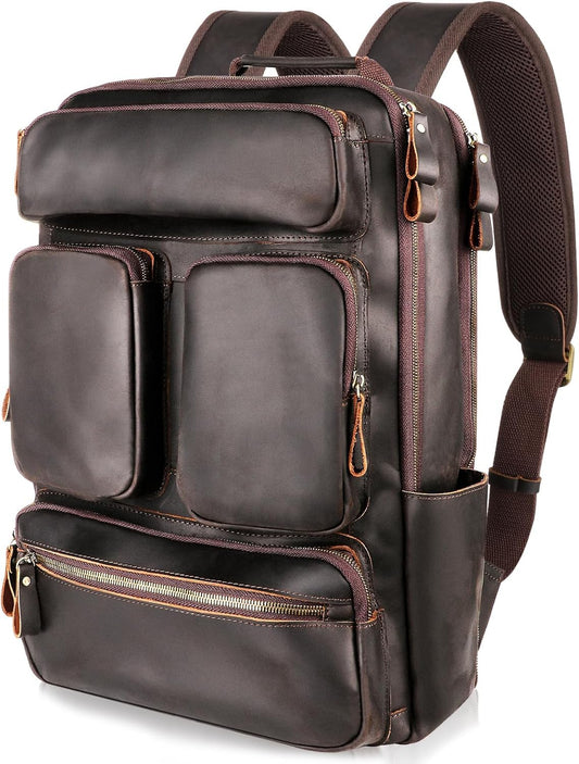 Fshsup Vintage Genuine Leather Backpack for Men 17.3" Laptop Bag Full Grain Leather Backpack Travel Weekender Hiking Shoulder Daypacks Overnight Weekender Rucksack