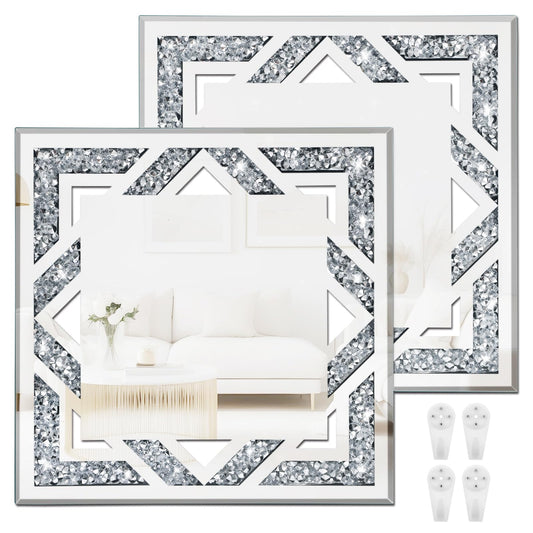 2 Piece Square Hollow Crushed Diamond Decorative Mirror, Silver Crushed Diamond Mirror Decor Wall for Living Room Bedroom Bathroom (12”x12”)