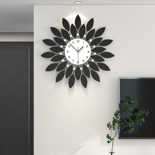 FLEBLE Large Wall Clocks for Living Room Decor Modern Wall Clock Decorative Silent Non-Ticking 24 Inch Round Black Metal Crystals Clock for Office, Home, Bathroom, Kitchen, Bedroom or Entryway
