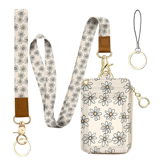 bolimoss Daisy Lanyards for ID Badges Keys, 2-in-1 Cute Floral ID Badge Holder & Lanyard Wallet,PU Leather Wallet Lanyard Card Name Tag Protector for Women Nurses, Teachers, Students