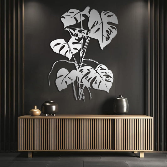 Monstera Leaf Metal Wall Art, Tropical Monstera Leaf Metal Wall Decor, Tropical Plant Line Art Wall Decor, Tropical Leaves Wall Sculpture, Nature Wall Hanging for Living Room (Silver, 41"x30"/105x77cm)