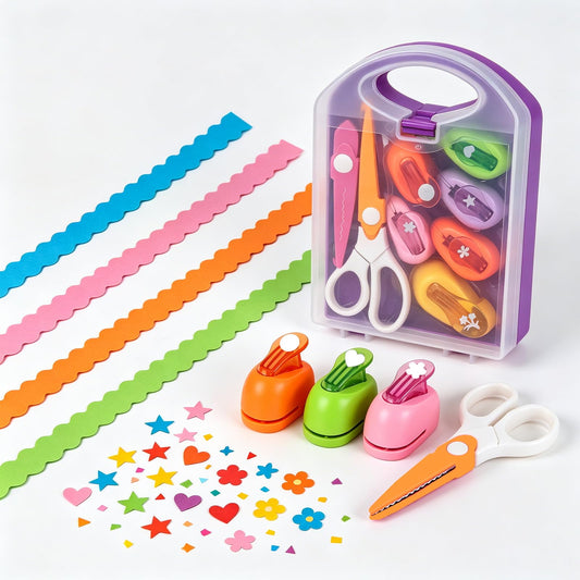 Kids Paper Craft Kit - Decorative Edge Scissors and 6-Piece Paper Hole Punch Set with Portable Storage Case, DIY Scrapbooking Art Supplies for Toddlers & Students, Great Birthday Gift for Girls & Boys