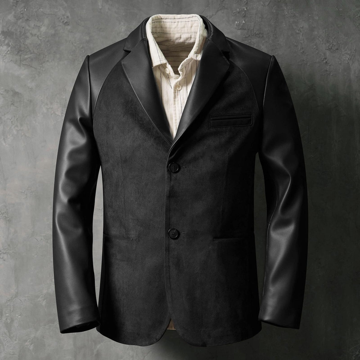 Men's Suede Suit Coat PU Splicing Leather Lapel Single Breasted Tuxedos Blazer Party Jacket Brown M