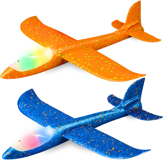 2 Pack LED Light Airplane,17.5" Large Throwing 2 Flight Mode Glider Plane,Flying Toy for Kids,Gifts for 3 4 5 6 7 8 9 Years Old Boy,Outdoor Sport Toys Birthday Party Favors Foam Airplane