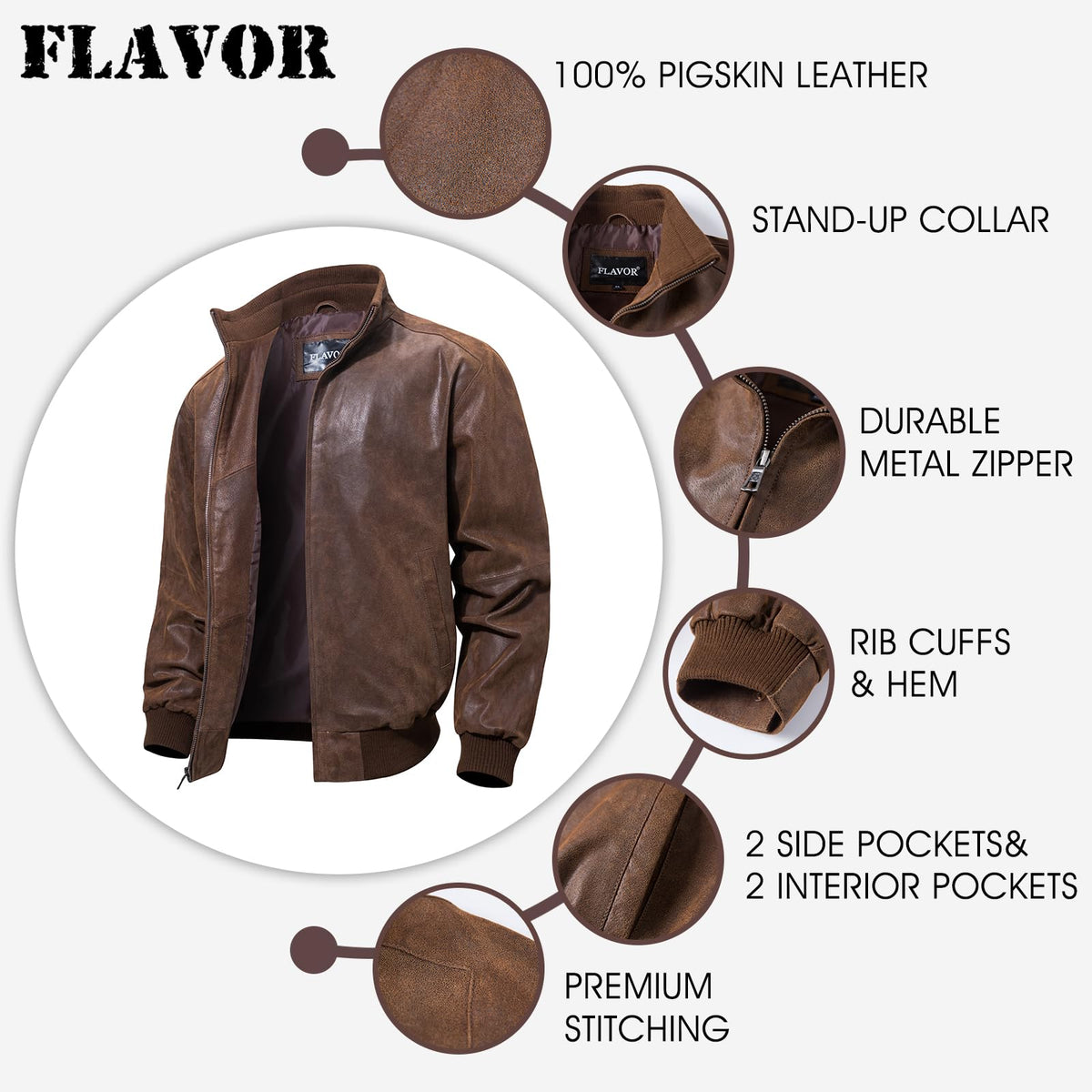 FLAVOR Men's Moto Real Leather Classic Jacket with Stand Collar (Brown, l)