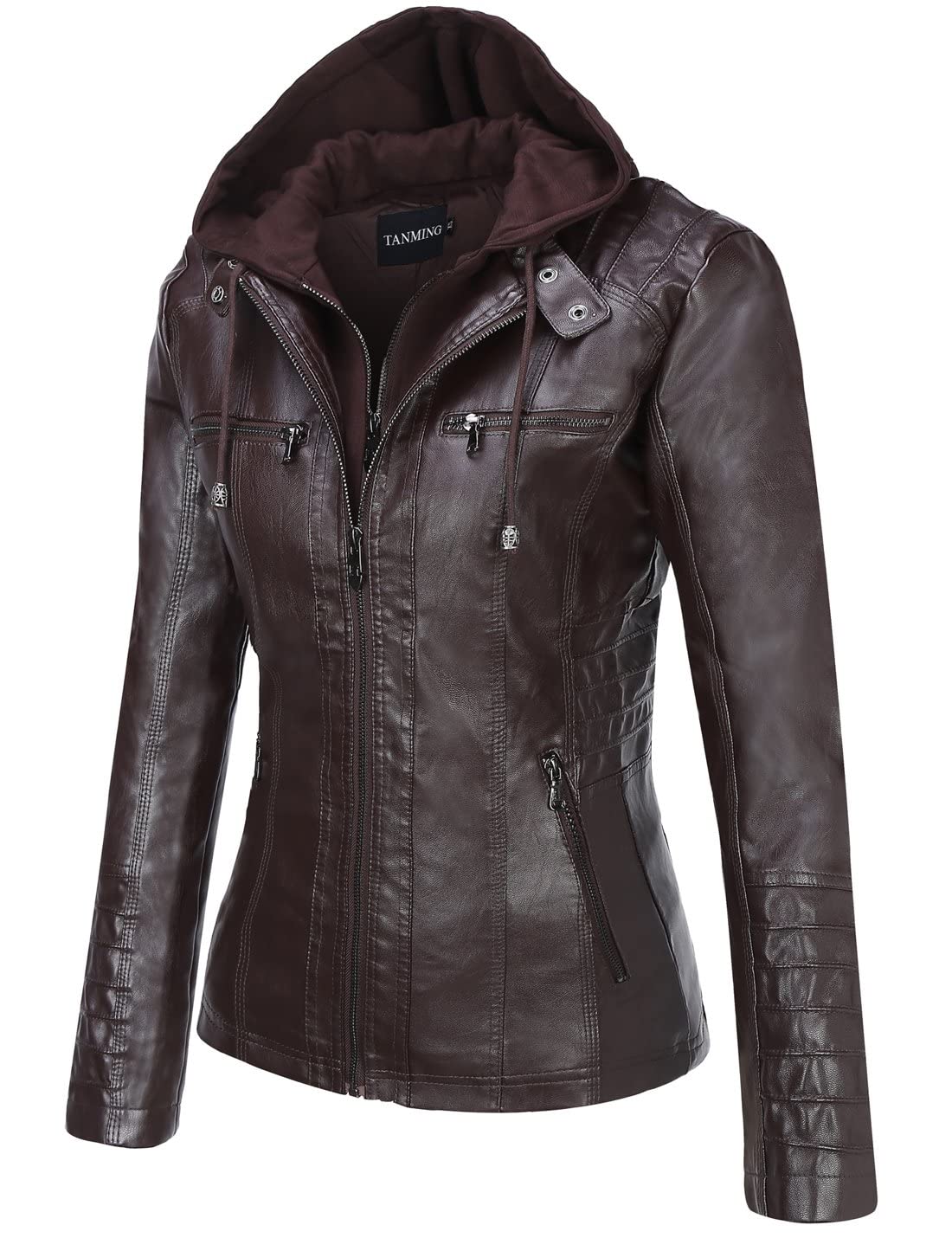 Tanming Womens Faux Leather Jacket Hooded Moto Biker Coat Outerwear Fall Fashion Outfits Winter Clothes