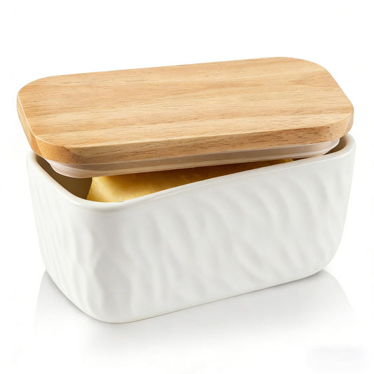 KOOV Porcelain Large Butter Dish with Lid, Airtight Butter Container with Oak Lid, Perfect for 2 Sticks, Texture Series (White)