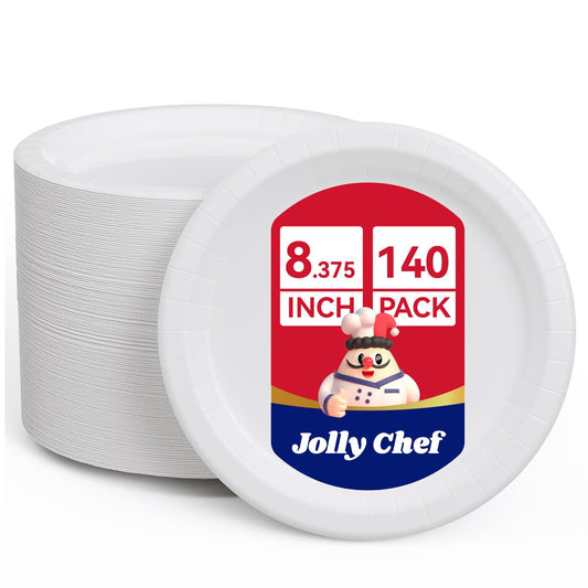 JOLLY CHEF 8.37 inch Disposable Paper Plates 140 Count, Heavy Duty Paper Plates for Everyday Use
