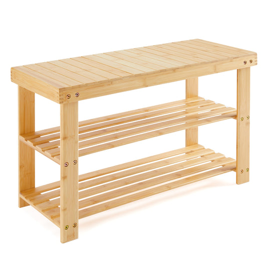 Simple Deluxe Shoe Rack Bench, 3-Tier Bamboo Storage Organizer, 286lb Capacity Entryway Bench for Front Door, Bedroom, Living Room, Bathroom, Balcony, Stylish Shoes Wood (11.3 x 27.6 x 17.8 Inches)