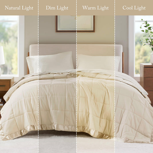 Madison Park Windom Down Alternative Blanket, Premium 3M Scotchgard Moisture Wicking Treatment, Lightweight and Soft Bed Cover For All Season, Satin Trim, Cream Full/Queen