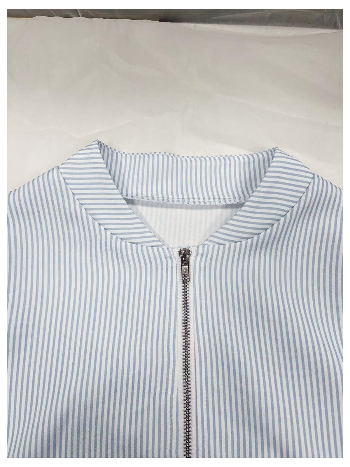 SOLY HUX Women's Striped Bomber Jacket Zip Up Long Sleeve Lightweight Jackets Casual Work Fall Outerwear Light Blue Medium