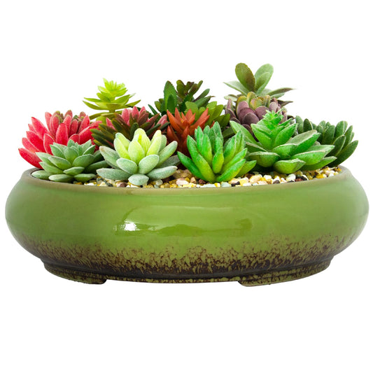 Succulent Pots - 11.5 Inch Ceramic Bonsai Pots with Drainage, Large Shallow Succulent Planters for Indoor Outdoor Plants, Round Glazed Cactus Flower Plant Container Bowl Home Desk Decor(Green)