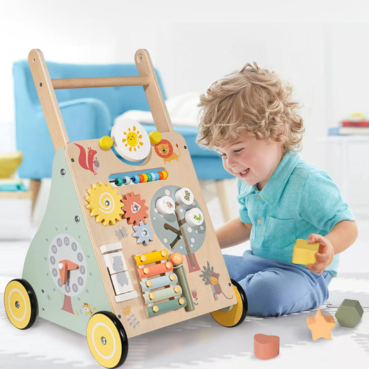 GiggleGems Wooden Baby Walker, Multiple Learning Activities Center Develops Motor Skills for Infant to Toddler, Push and Pull Walkers with Wheel for Boys Girls