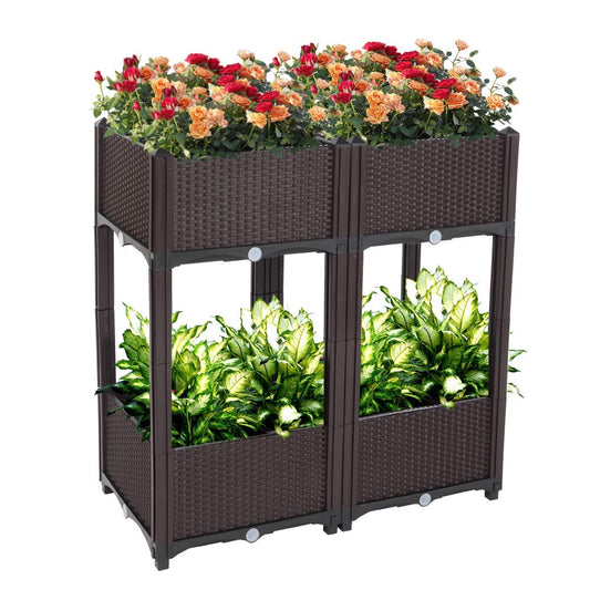 Planter Raised Beds Kits Set of 4, Plastic Elevated Garden beds with Brackets for Flowers Vegetables, Outdoor Indoor Planting Box Container for Garden Patio Balcony Restaurant, Easy Assembly (Brown)