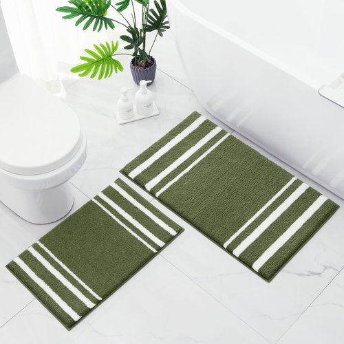 HOMEIDEAS Bathroom Rug Set 2 Piece, Striped Super Absorbent Soft Microfiber Non-Slip Washable Bath Mats for Shower and Tub (Sage Green)