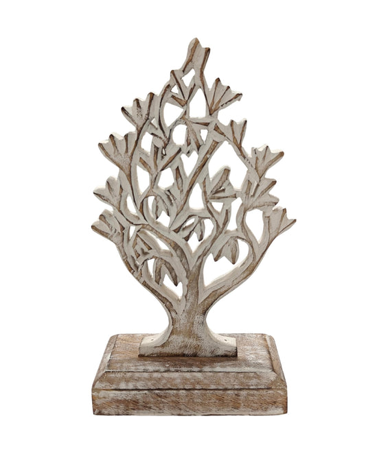 VANIYA CRAFTS® Rustic Wooden Tree Shape Table Sculpture – Handmade Carved Home Decor Accent for Living Room, Bedroom, Entryway, or Office (Antique White Finish)