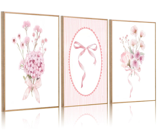 3Pcs Pink Nursery Flower Wall Art Floral Bow Wall Decor Cute Botanical Flower Pictures Coquette Aesthetic Poster Prints Girly Preppy Painting for Girls Bedroom Dorm Apartment Home 12x16 Unframed