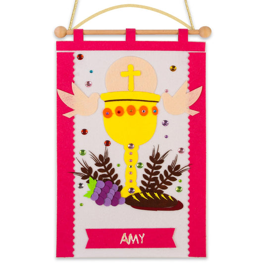 First Communion Banner Kit Girls 9 x 14 Inch First Holy Communion Banner kits Sunday School DIY Arts and Crafts kit for kids First Communion Gifts for Girls or Boys (Pink)
