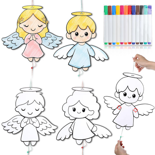 Motiskyy 24 Set Religious Coloring Crafts Color Your Own Angel Ornaments Pull String Doll with Watercolor Pens Crafts Kits for Christian DIY Sunday Home VBS Activities