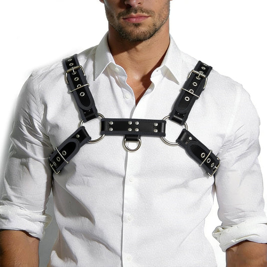 TsujiYa Men's PU Leather Body Chest Harness, Adjustable Contrast Wrapped Edge Straps, for Music Festivals, Rave Costumes (BLACK)