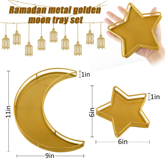 2PCS Ramadan Serving Trays Decorations for Home - Moon Star Shaped Eid Mubarak Table Decor Gifts, Islam Muslim Al-Fitr Iftar Party Crescent Iron Platters Dishes (Hollowed-Out)