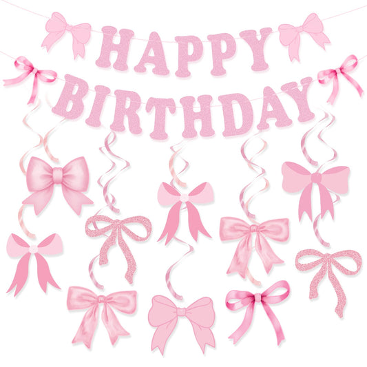 Bow Birthday Party Decorations, Cute Pink Bow Birthday Banner Bows Party Hanging Swirls Set for Women Girls Bows Party Decorations, Baby Shower Party Decor Supplies