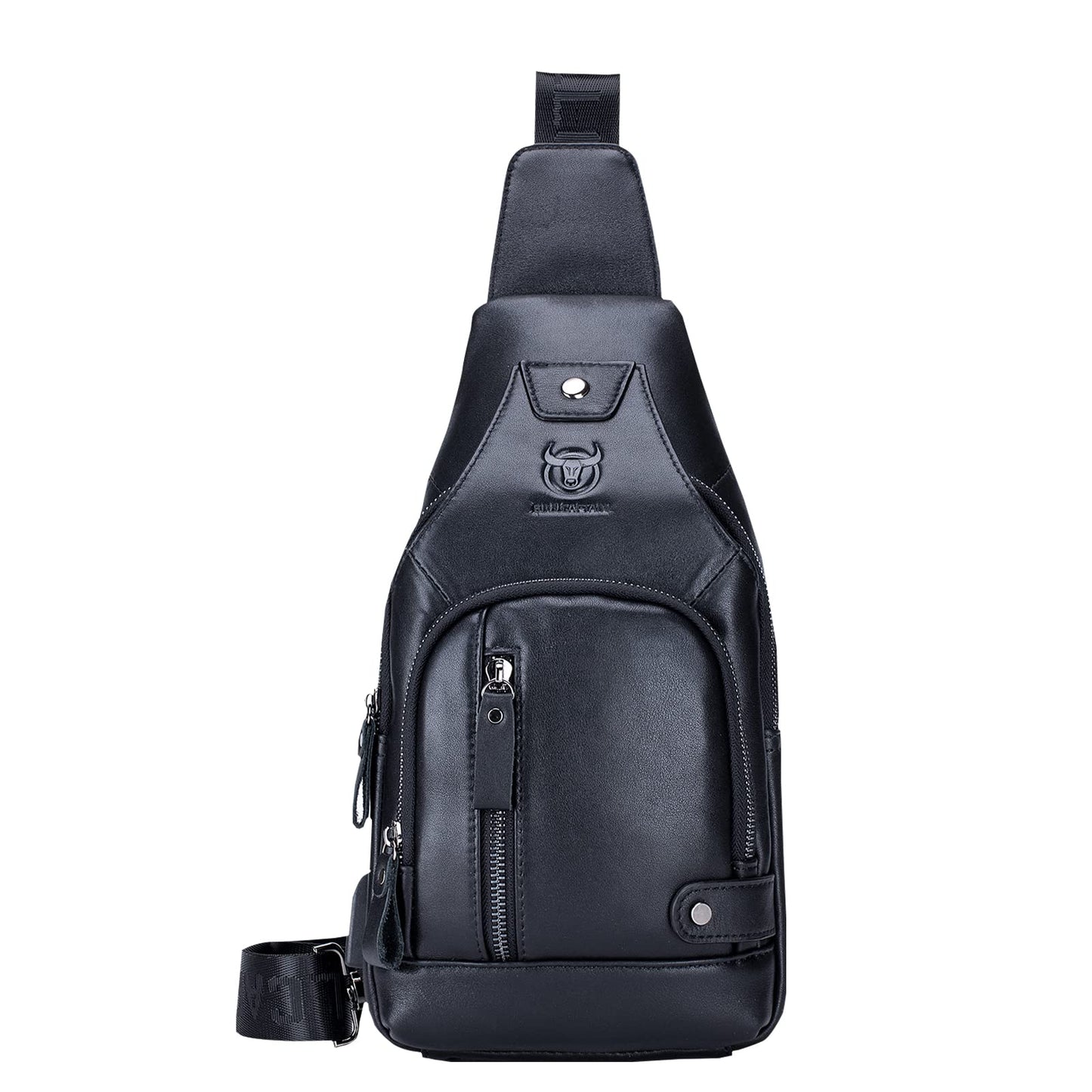 LUKZIJAES Genuine Leather Sling Bag for Men Crossbody Shoulder Chest Pack Hiking Casual Daypack Outdoor Travel Backpack (#1-Black)