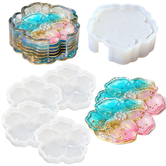 Panamalar Silicone Coaster Resin Molds, 5PCS Flower Coaster Molds with Holder Mold for Epoxy Resin, Coaster Tray Resin Casting Molds for DIY Art Craft Home Decoration Table Wine Cup Mat