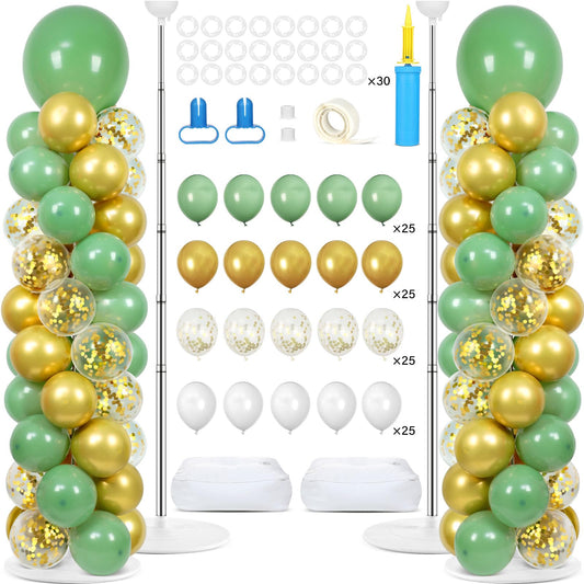 2 Sets Sage Green Balloon Column Stand Kit with 100 Balloons Spring Graduation Adjustable Balloon Tower Stand with Bases Olive Green Gold Column for Mother's Day Birthday Wedding Party Decor