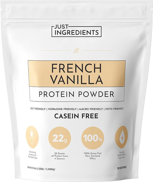 JUST INGREDIENTS French Vanilla Protein Powder ??30 Serving Bag ??Grass-Fed Whey & Plant Protein Blend with Real Vanilla Bean ??Sweetened with Coconut Sugar & Monk Fruit, Non-GMO, Gluten-Free