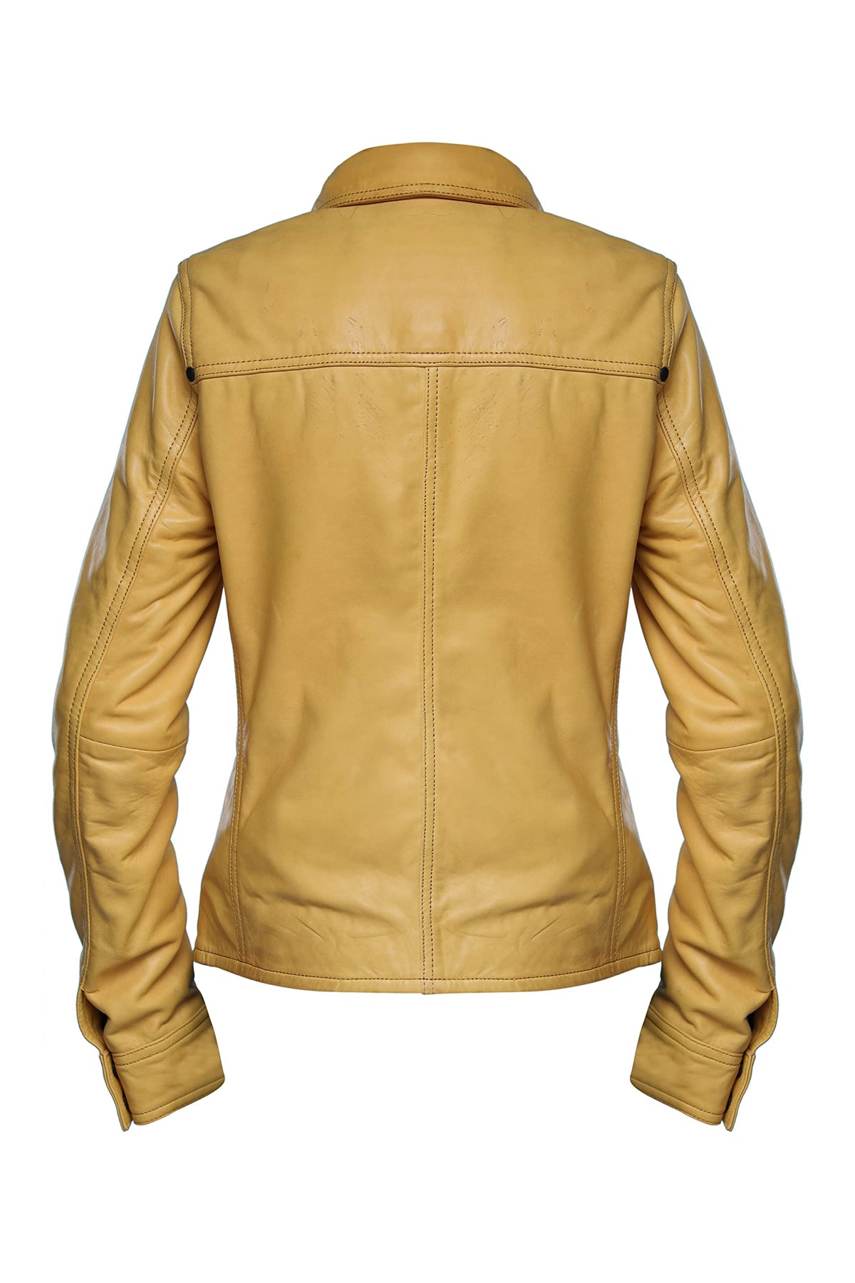Jild Womens Button Front Lambskin Leather Jacket Shacket - Casual Shirt Long Sleeve Leather Jacket Women with Bust Pocket (Yellow-L)