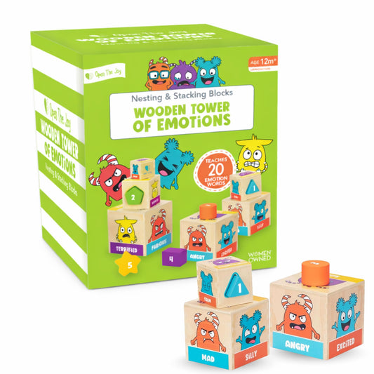 Open The Joy Wooden Tower of Emotions – Stacking Emotional Learning Toy for Toddlers | 5 Emotion Face Blocks + 5 Shape Sorting Blocks | Montessori Toy for Early Development | Ages 12 Months+