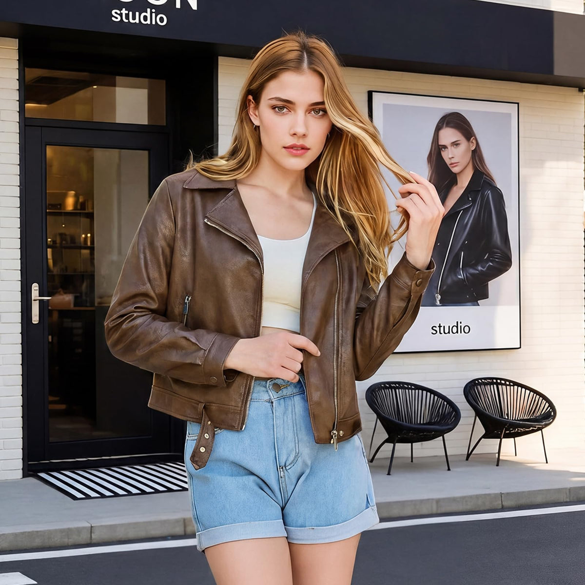 Bello vita Women's Cropped Faux Leather Moto Jacket, Slim Fit 2026 Fashion Coat