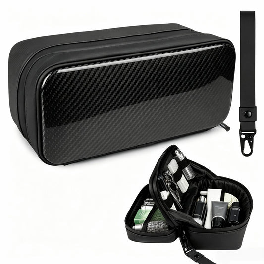T-carbon Carbon Fiber Lightweight Men's Travel Toiletry Bag, Waterproof Protective Hard Shell Hanging Dopp Kit with Dual Pockets, Shaving Grooming Organizer, Compact Travel Essentials, Black