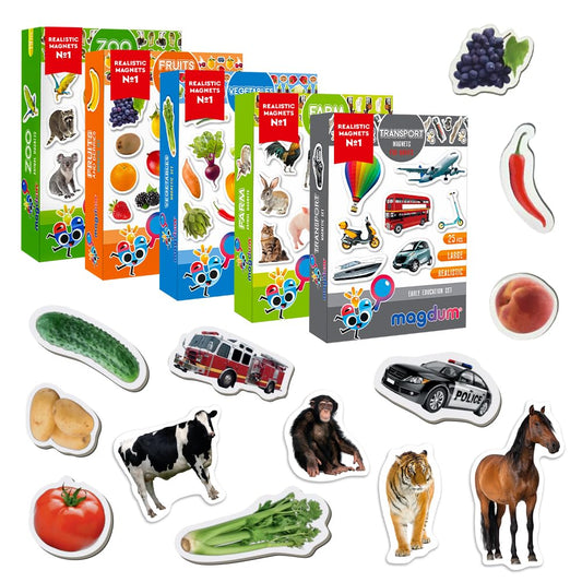 Fridge Magnets for Toddlers - Magdum - 110 Set Zoo+Farm+Fruit+Vegetable+Transport - Real Magnetic Animals for Refrigerator - Realistic Magnets for Kids - Learning Toy Set - Baby Educational Gift