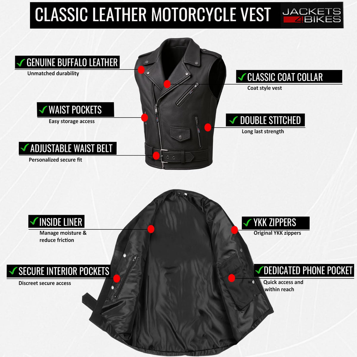 Jackets 4 Bikes Men's Classic Buffalo Leather Motorcycle Biker Vest | Vintage Cruiser Vest for Men, | Stylish Street Club Riding Black L