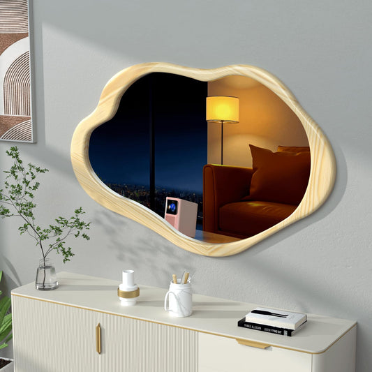 osemy 42"x 28" Irregular Wall Mirror, Natural Wood Framed Wall Mirror, Asymmetrical Wall Wavy Mirror for Living Room Bedroom Entryway Bathroom Modern Decorative Cloud Mirror Hanging Hooks